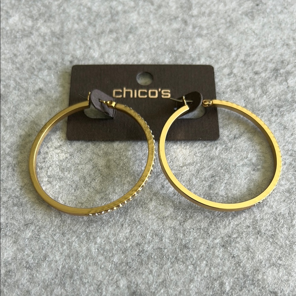 Chico's Distressed Gold Tone With Rhinestine Snap Hoop Earrings - Picture 8 of 11